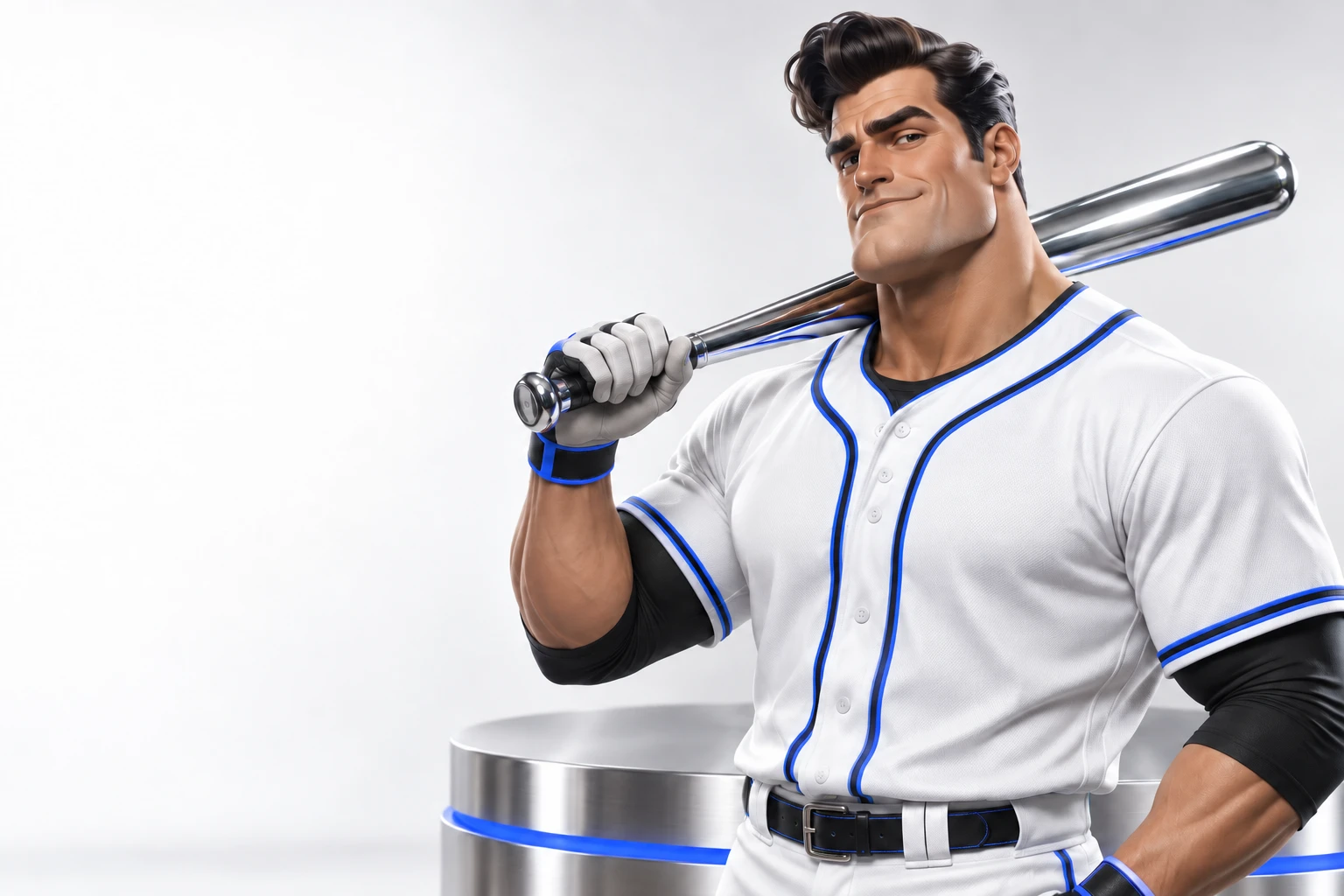 Original fictional baseball character with a sculpted jaw, dark pompadour and chrome bat